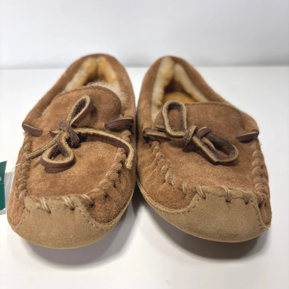 LL Bean Kids Wicked Good Brown Suede Sheepskin Lined Moccasin Slippers Sz 12 NWT